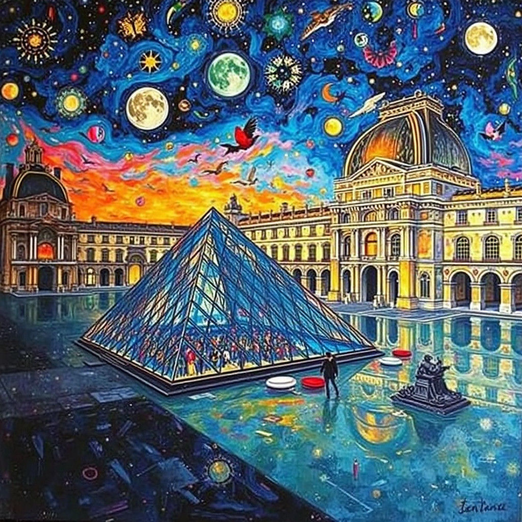 The Louvre Beneath a Midnight Sky: Impasto Painting