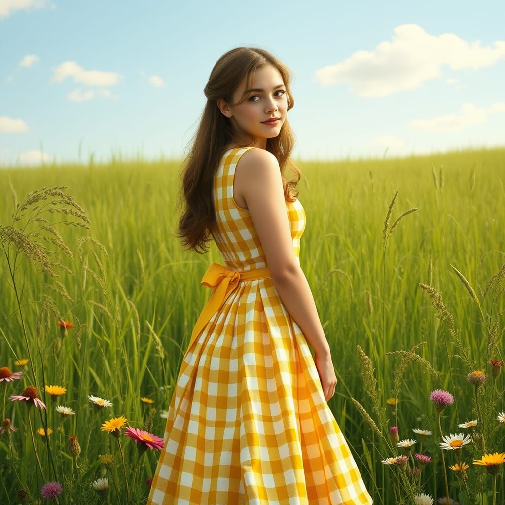 Romantic Gingham Dress in Whimsical Garden Setting