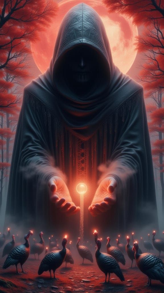 A cloaked figure holds a glowing orb over a group of turkeys...