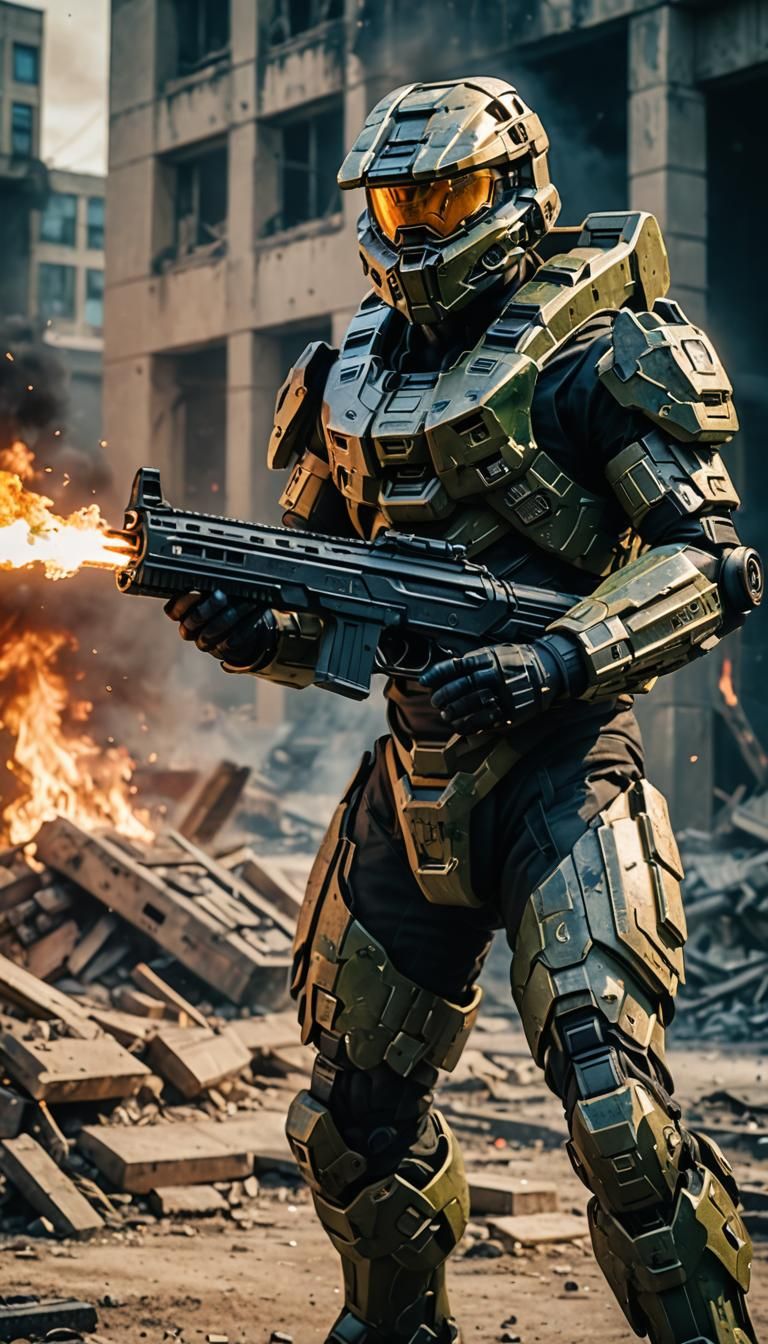 Halo Spartan in Burning Building: Cinematic Film Still