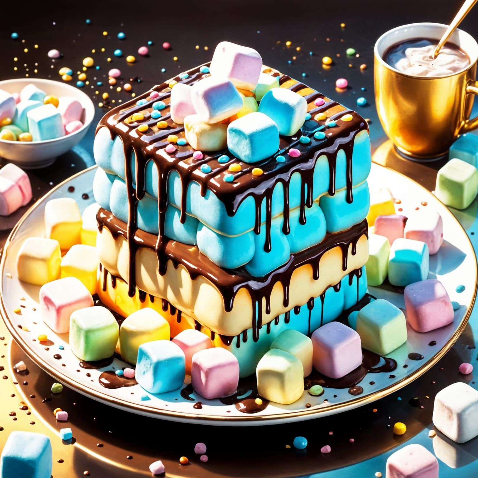 Marshmallows with Chocolate Sauce in 3D Anime Style