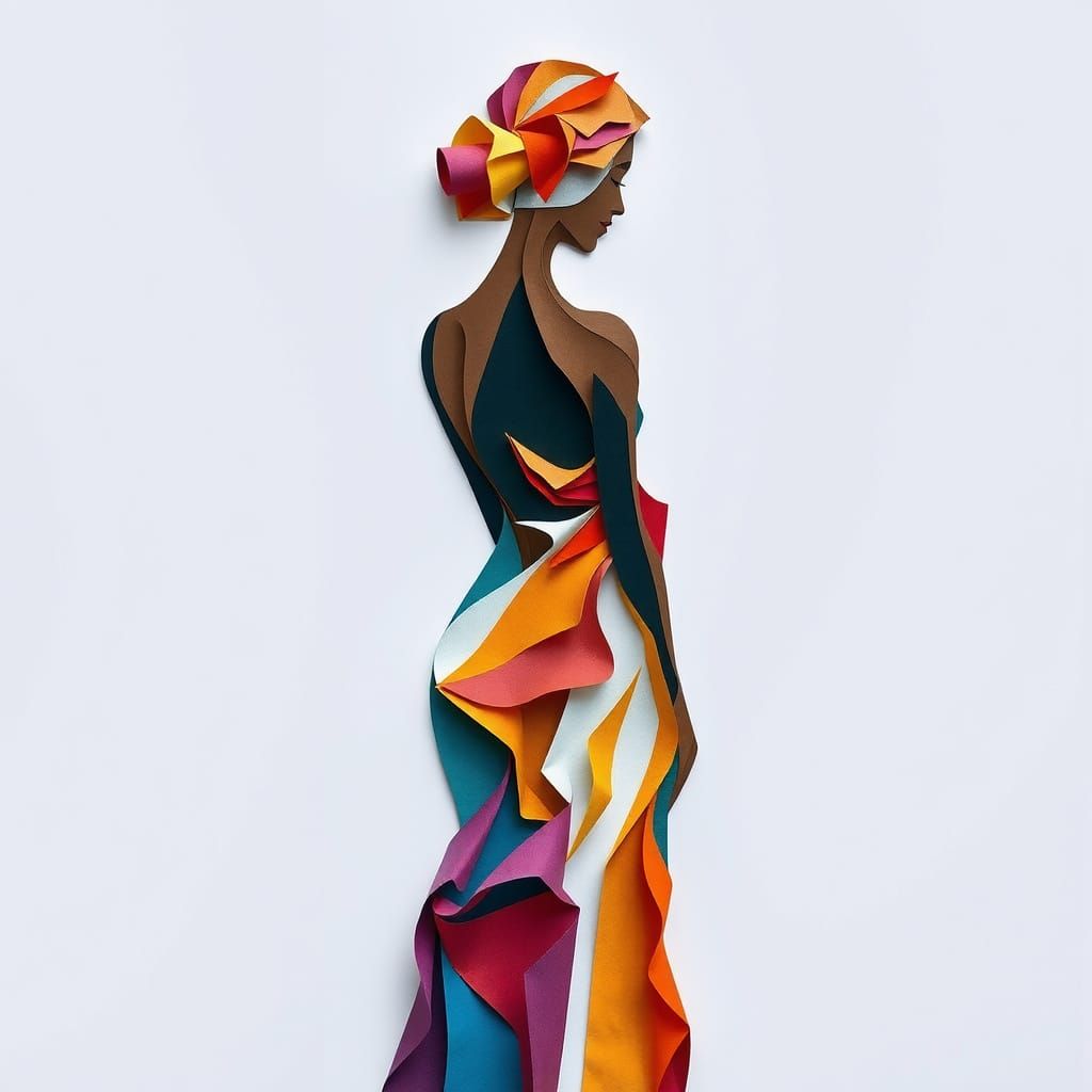 Savršena slika od kolaž papira raznih boja i oblika koja je sklopljena tako da pokaže savršenu žensku figuru snimljenu o...