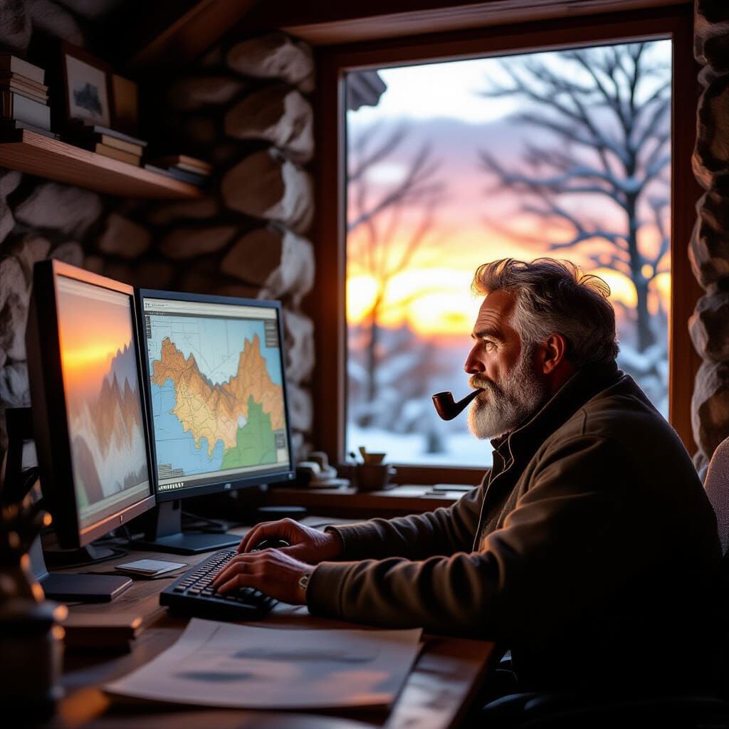 Italian Geologist Reviews Maps at Sunset