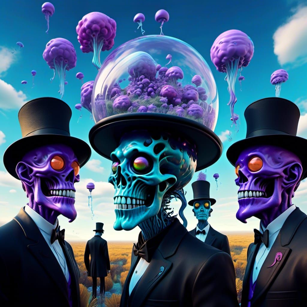 Surreal Alien Meeting with Magritte Bowler Hat Man