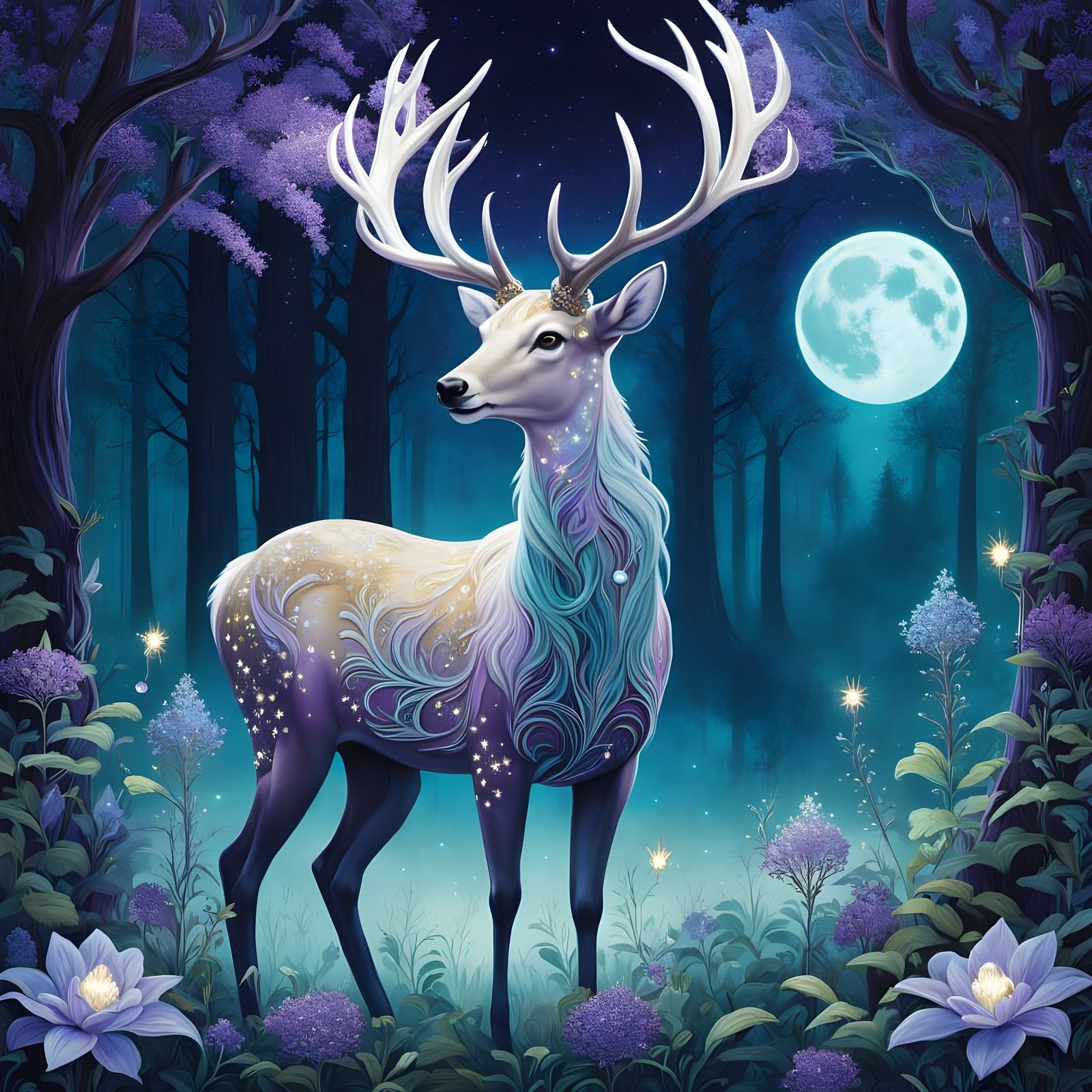 Stardust Deer in Moonlit Forest, Surreal Fantasy