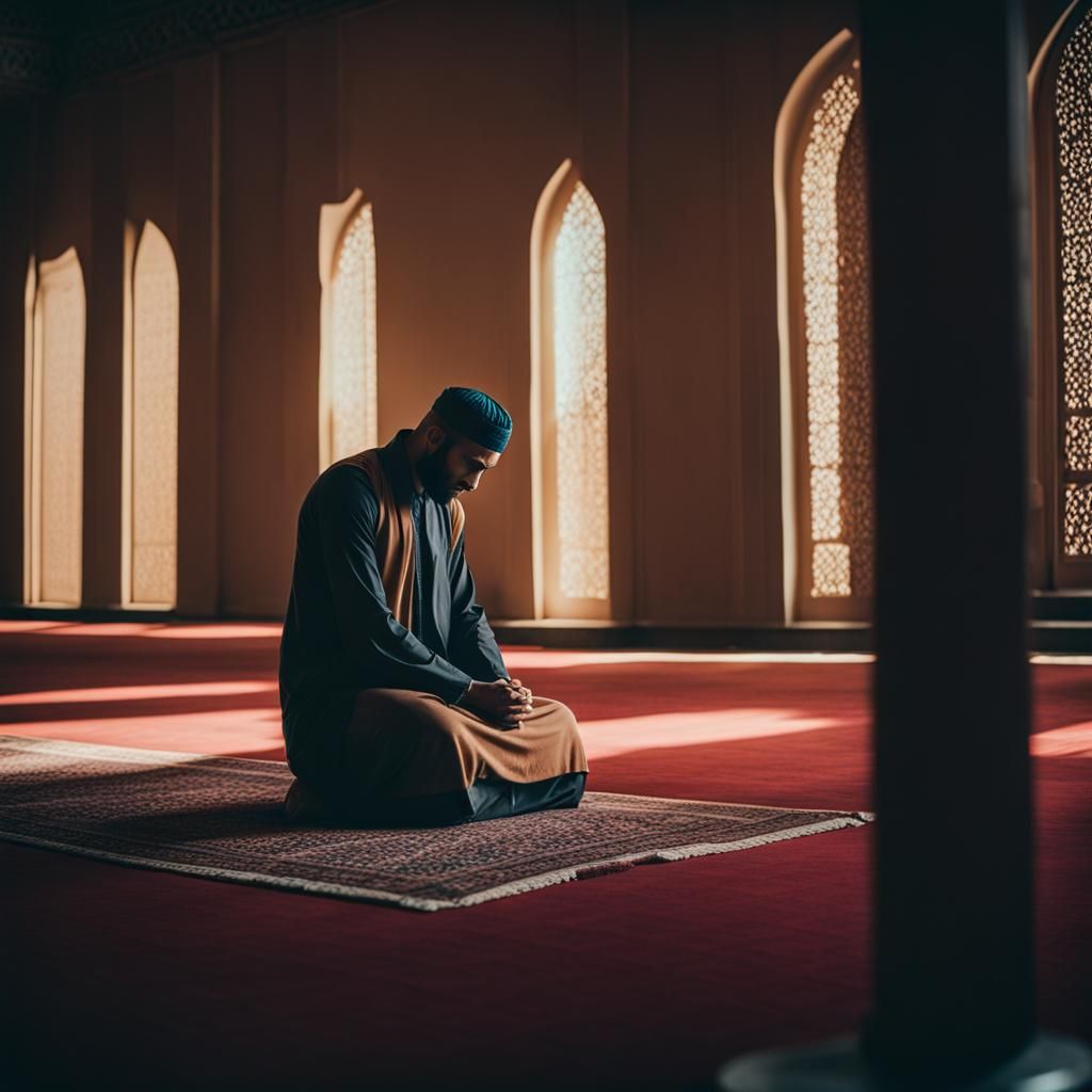 Cinematic Film Still of Muslim Man Praying