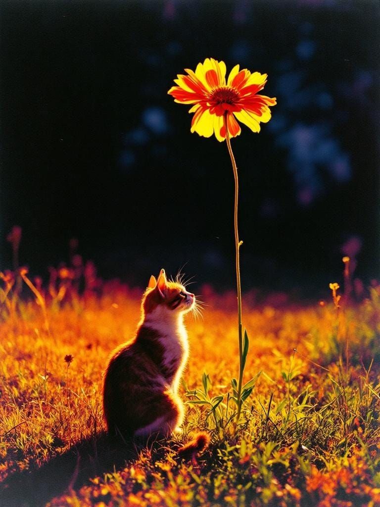 Cat and Flower in 1970s Americana Style
