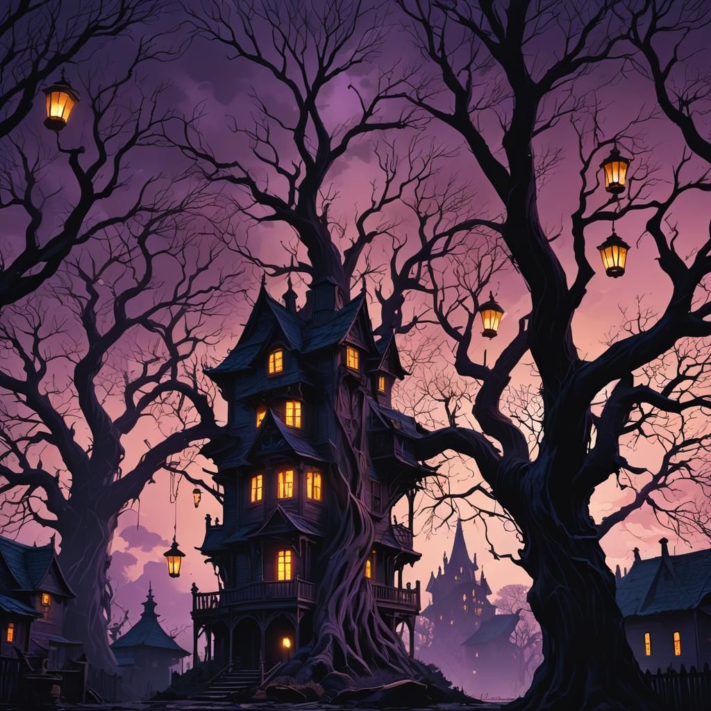 Ominous Dark Fantasy House with Eerie Shadows