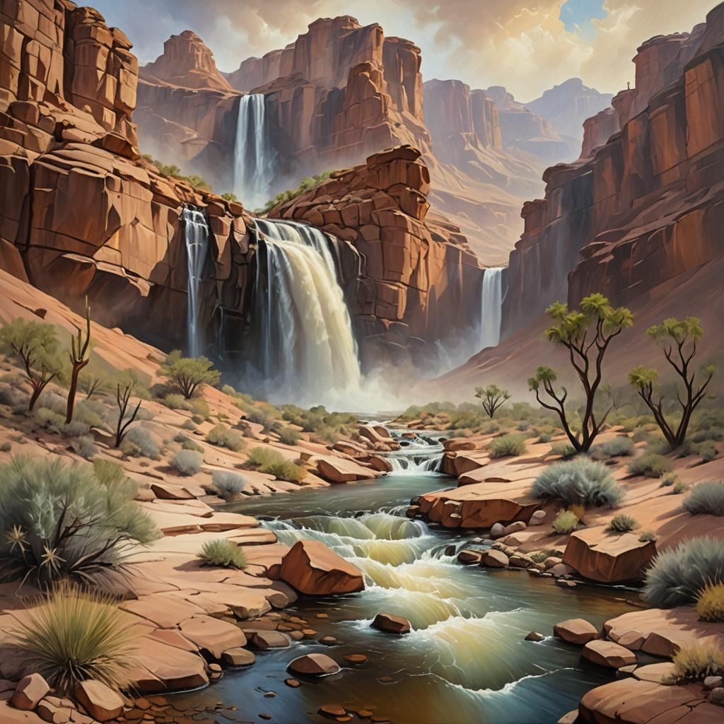Desert Waterfall Oil Painting with Rich Colors
