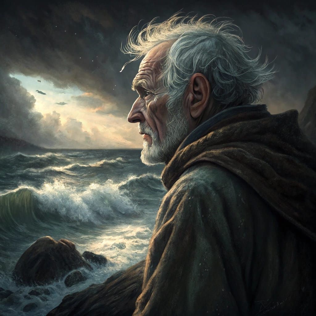 Wistful Elder Reflects on Turbulent Seascape