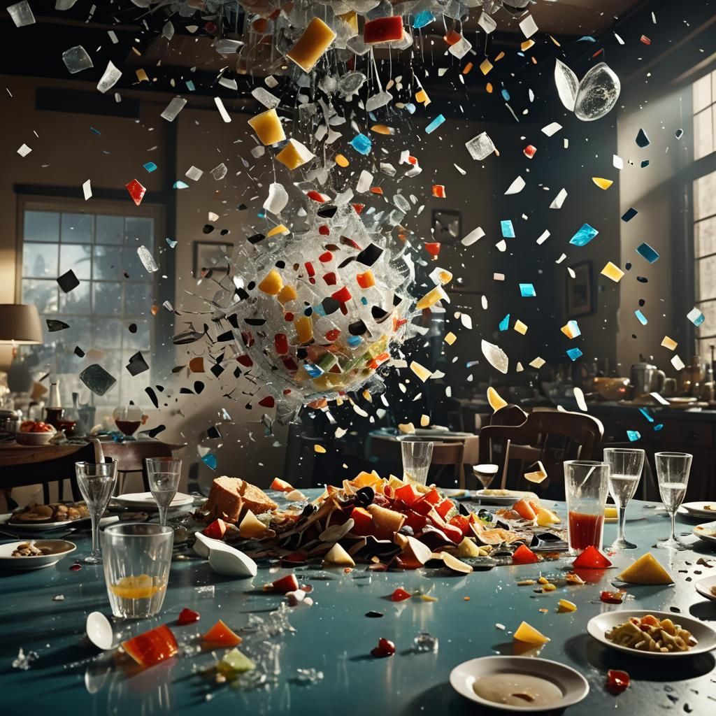 Chaotic Dining Table Still Life in Cinematic Style