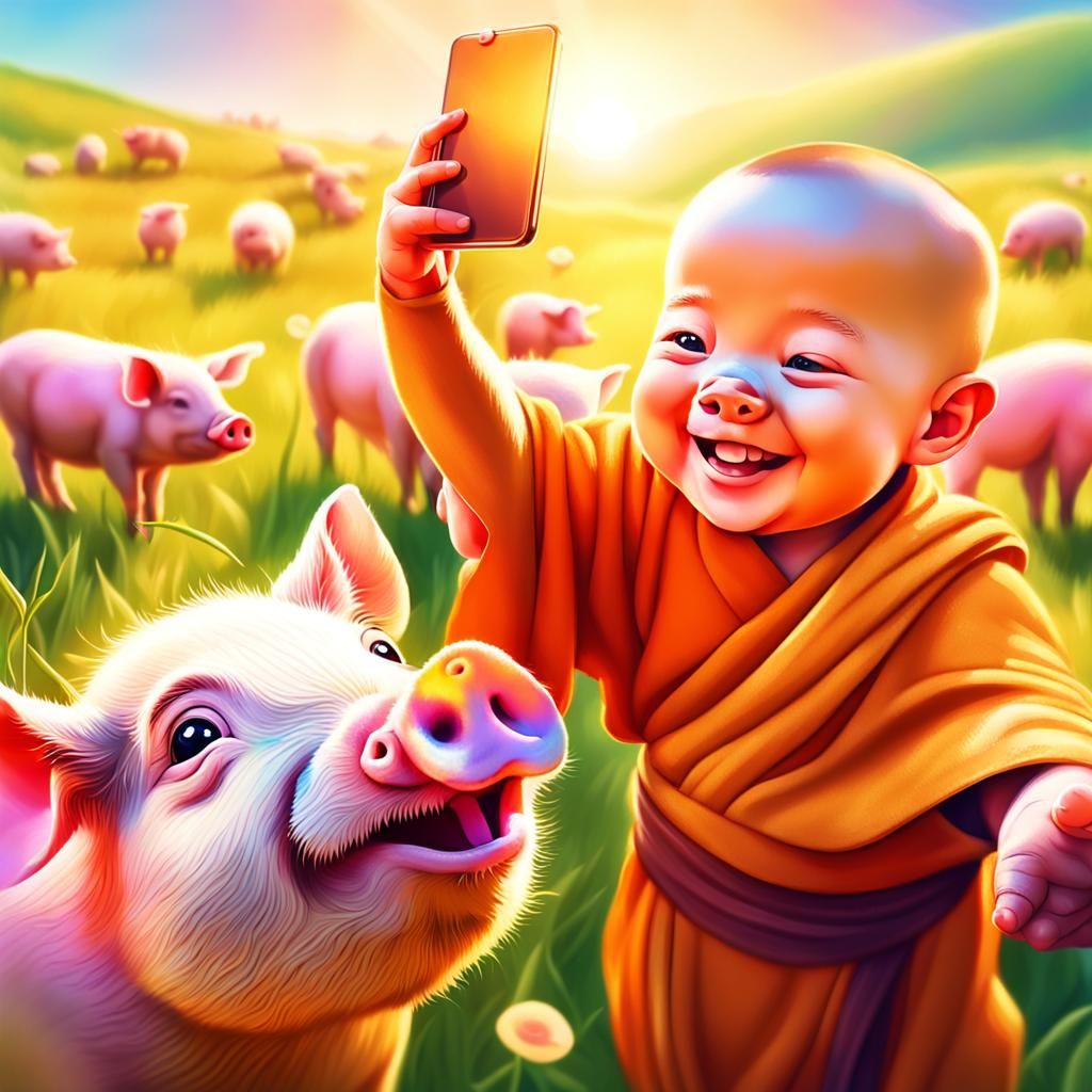 Baby Monk Selfie with Pig in Vibrant Digital Art