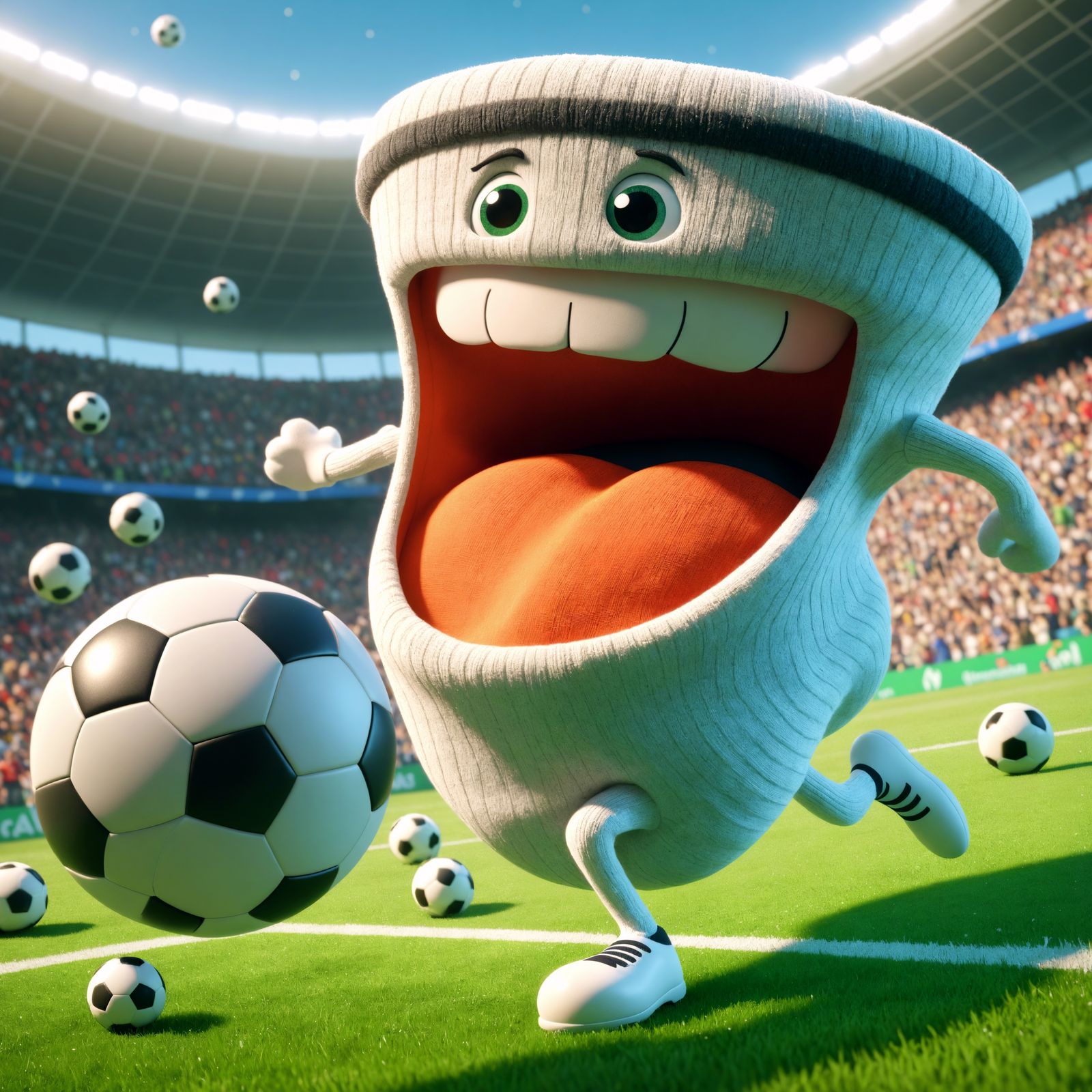 Joyful Cartoon Sock Plays Soccer Game