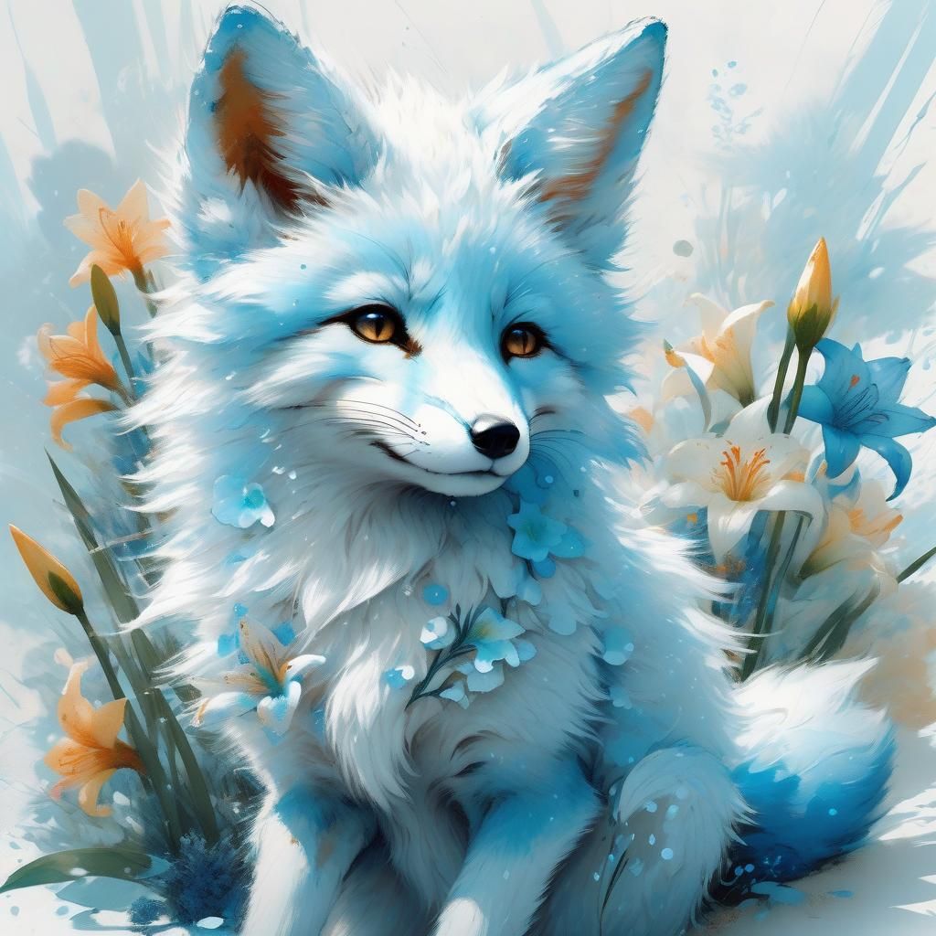 Mystical Blue Fox Cub with Lilies