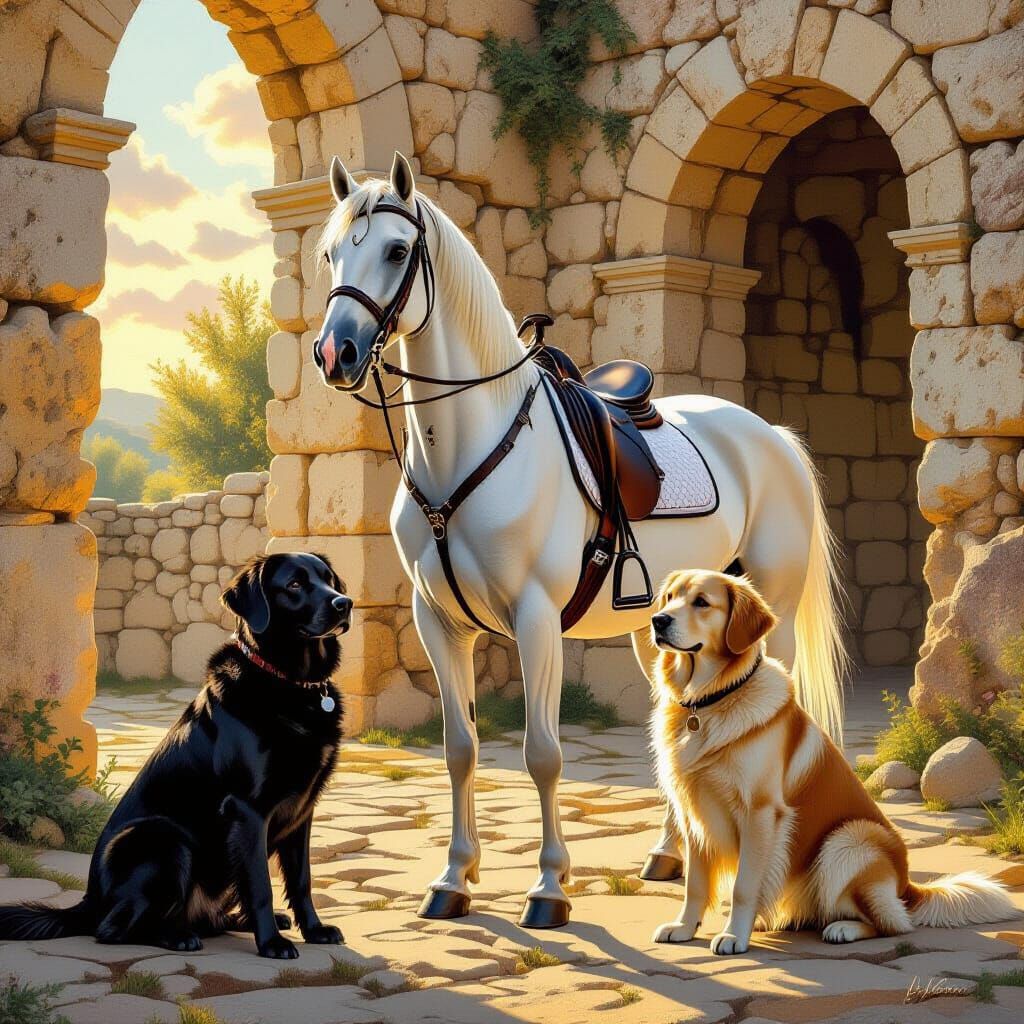 Arabian Mare, Labrador, and Retriever in Ruins