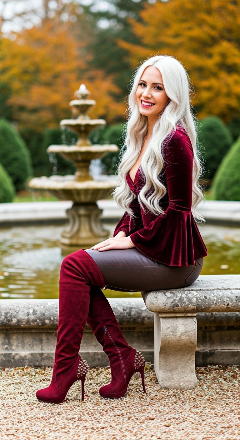Woman Enjoys Autumn Afternoon in Mansion Garden
