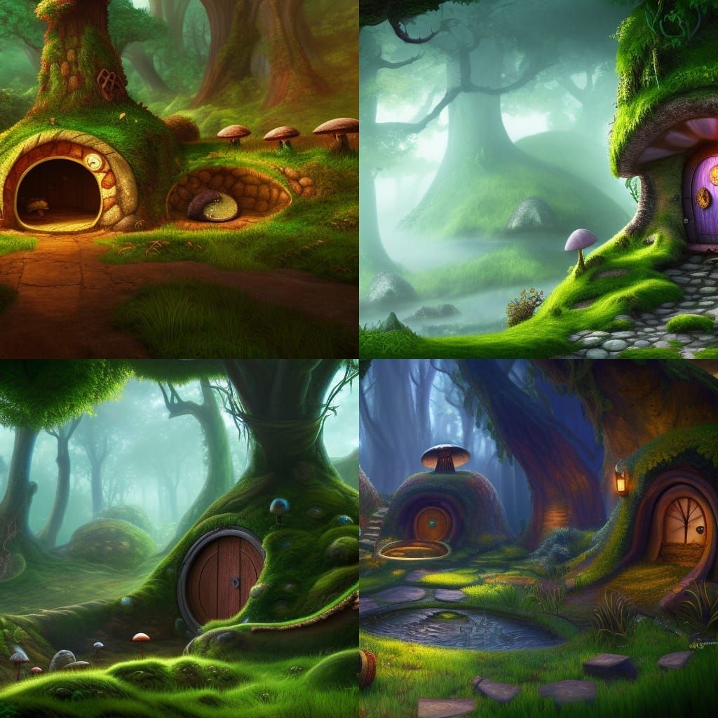Enchanted Mushroom Forest Hobbit Hole: Detailed Matte Painti...