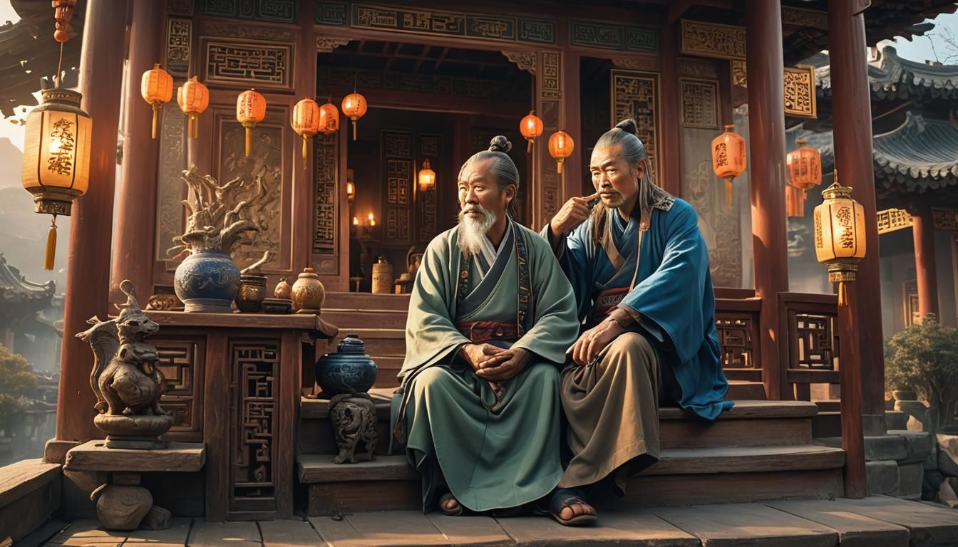 Chinese Sage in Golden Light: A Matte Painting