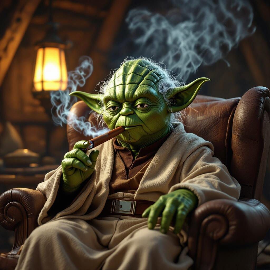 Yoda Pondering with Cigar in Smoky Hut