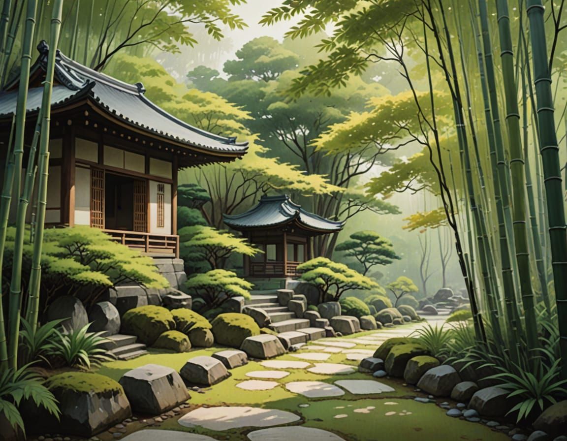 Serene Japanese Watercolor Painting of a Tranquil Zen Garden