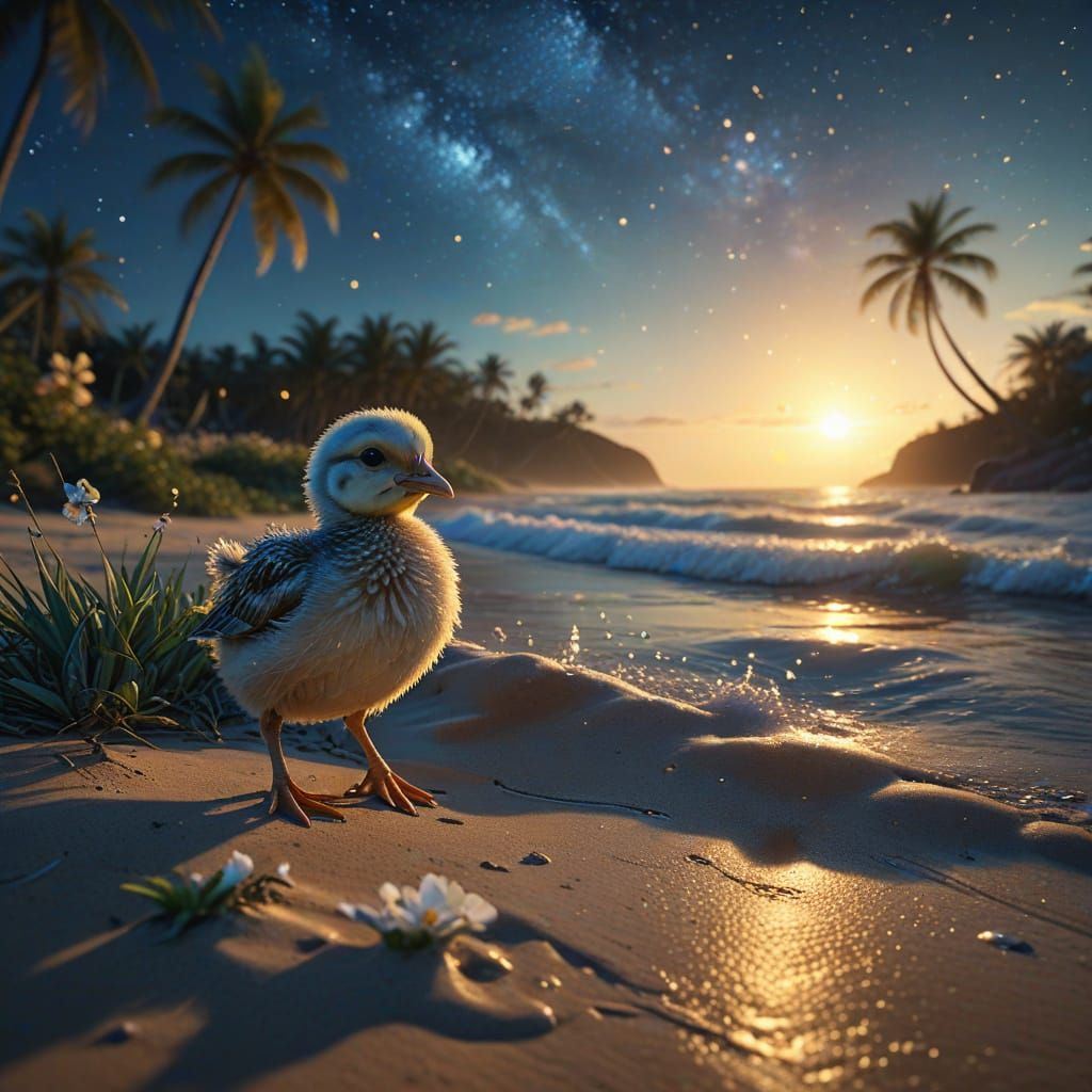 Bioluminescent Waves and Grumpy Chick on Tropical Beach