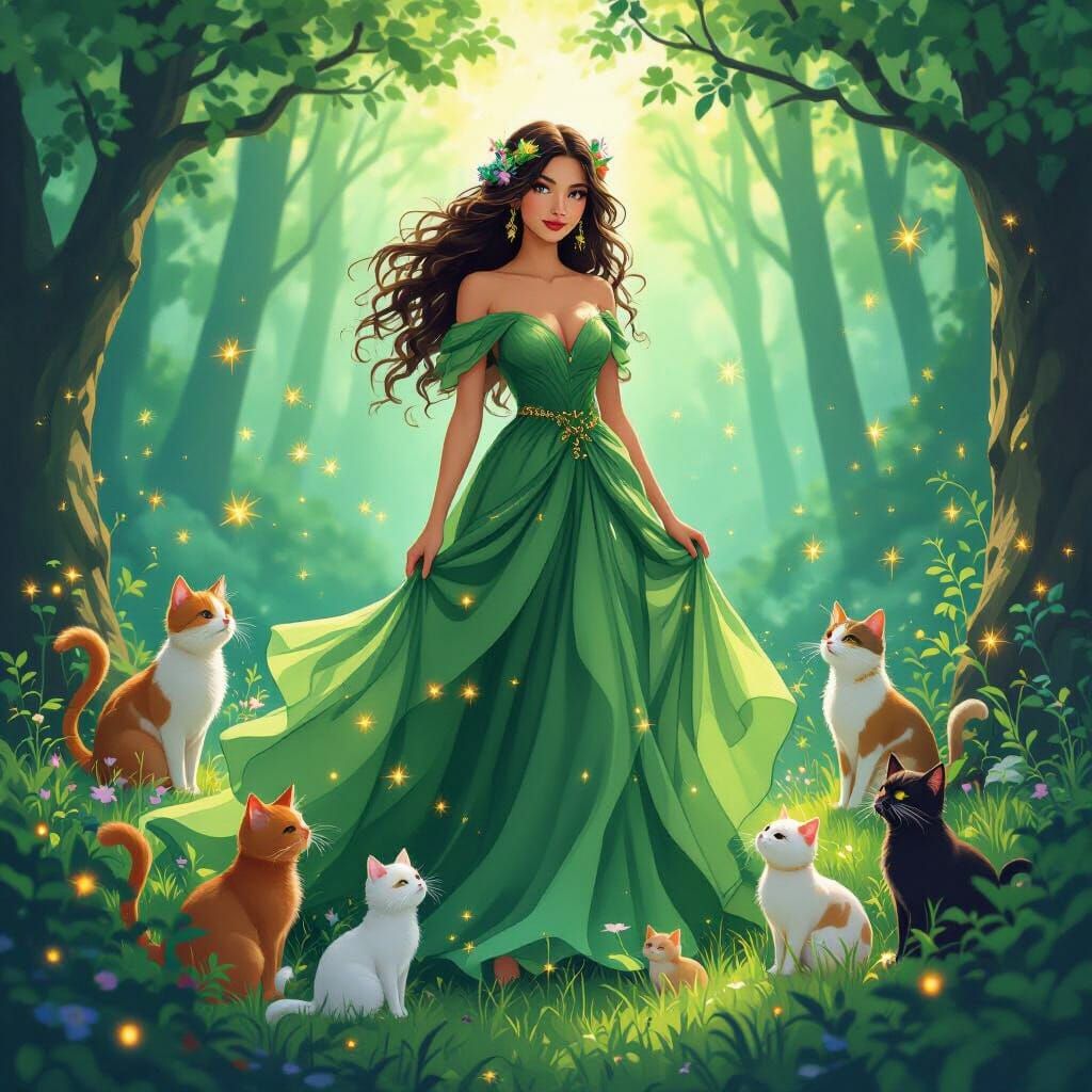 Mother Nature in Enchanted Forest with Cats