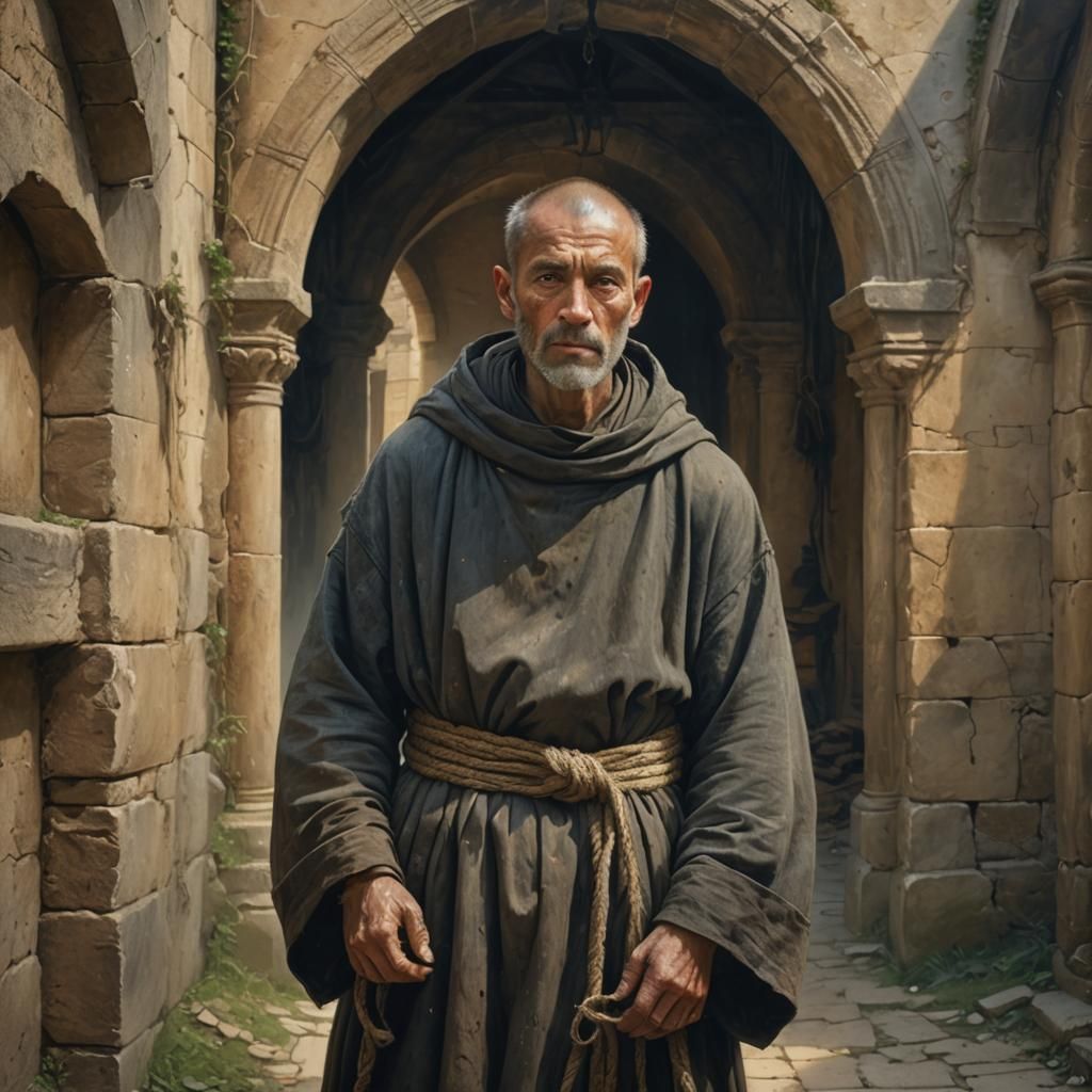 Weathered Monk in Mystical Gothic Ambiance