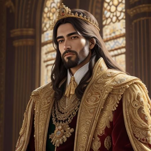 Regal Jesus the King of kings, standing solemnly, an ornate ...