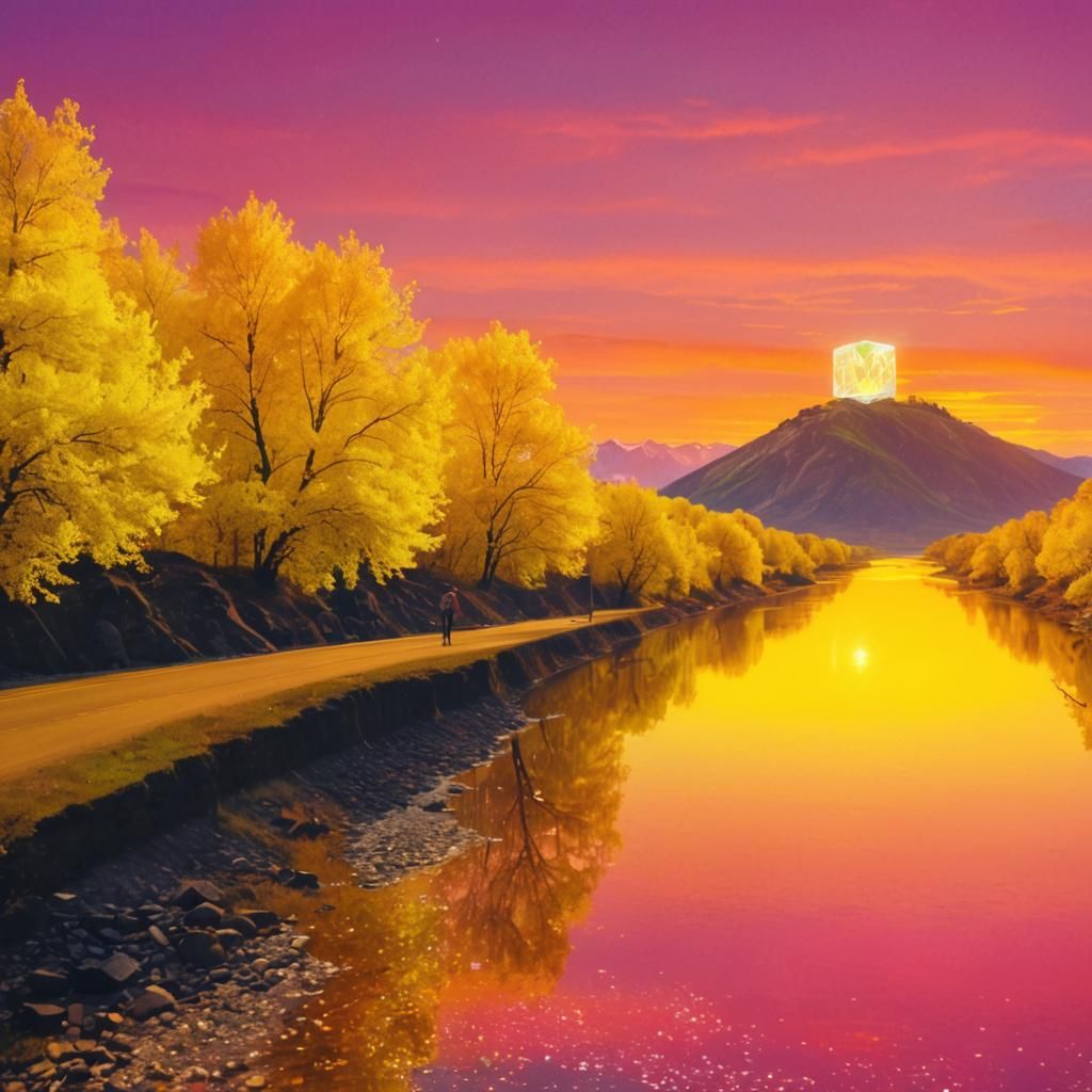 Glowing Glass Cube River Source on Mountain