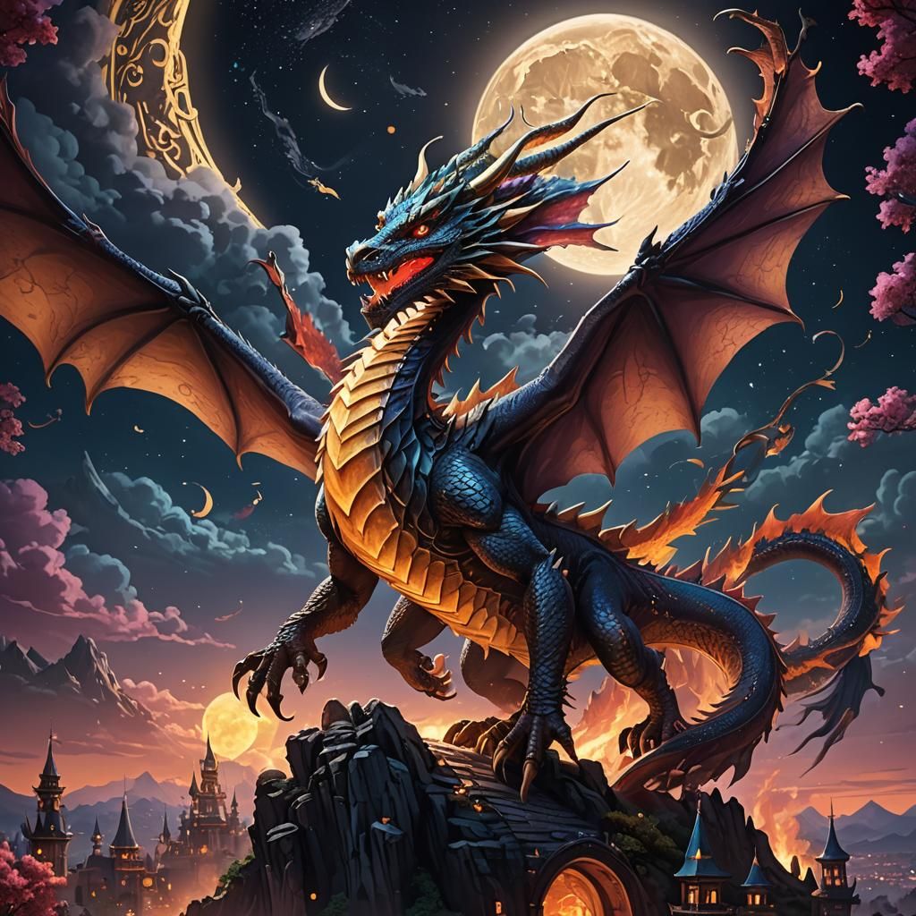 Majestic Dragon Soaring Under Crescent Moon