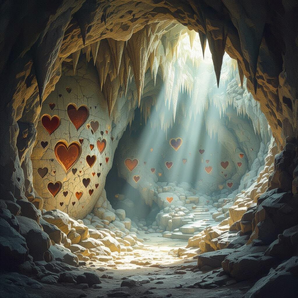 Mystical Stone Cave Interior With Carved Hearts