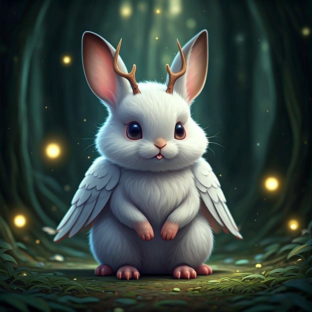 Whimsical Wolpertinger in Soft Pastel Fantasy Forest