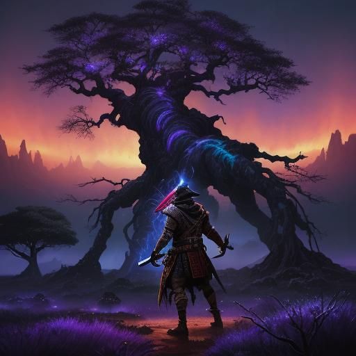 Mystical African Warrior in a Fiery Landscape