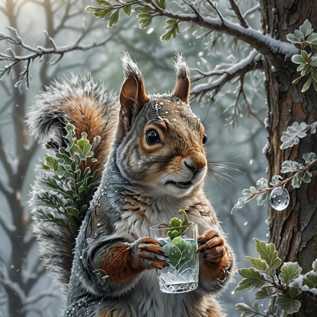 Squirrel with Glass Acorn on Icy Tree