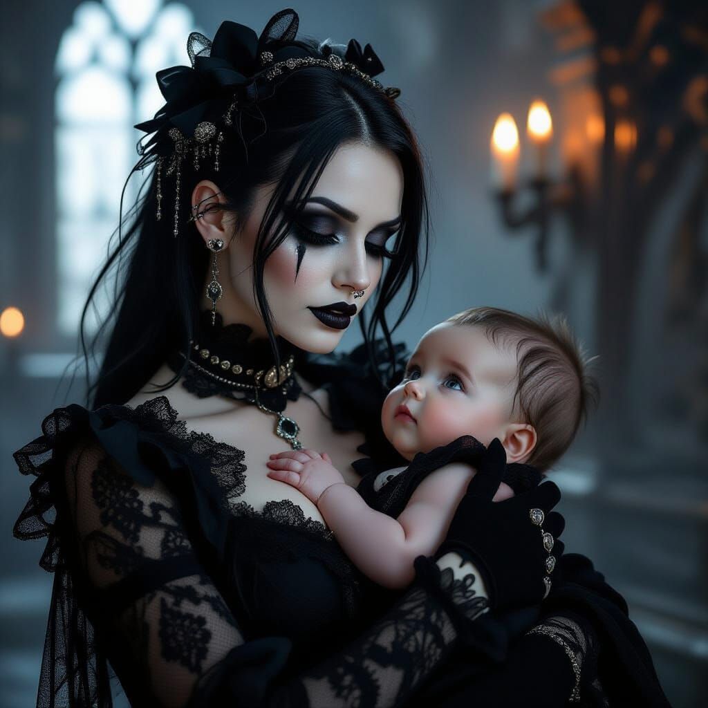 Gentle Goth Tenderly Holds Innocent Baby
