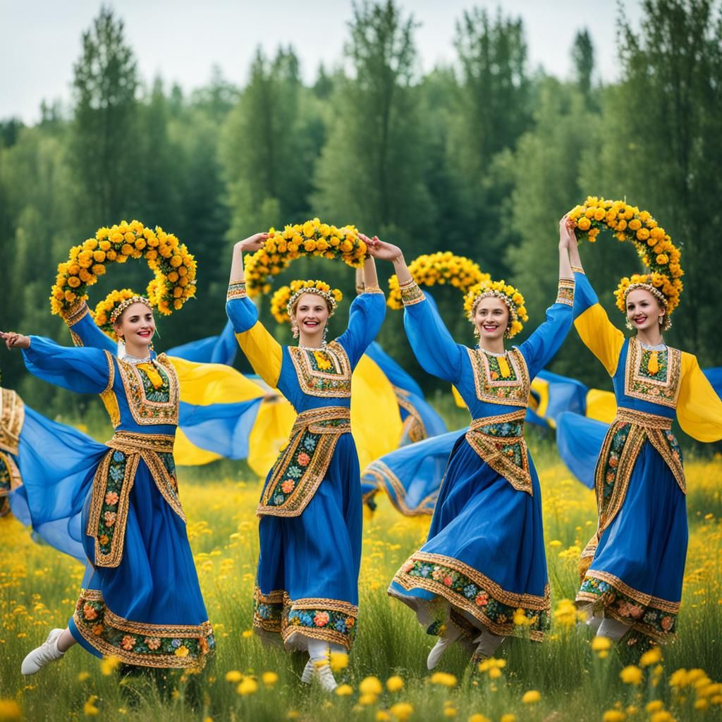 Ukrainian Dancers in Blue and Yellow with Wreaths