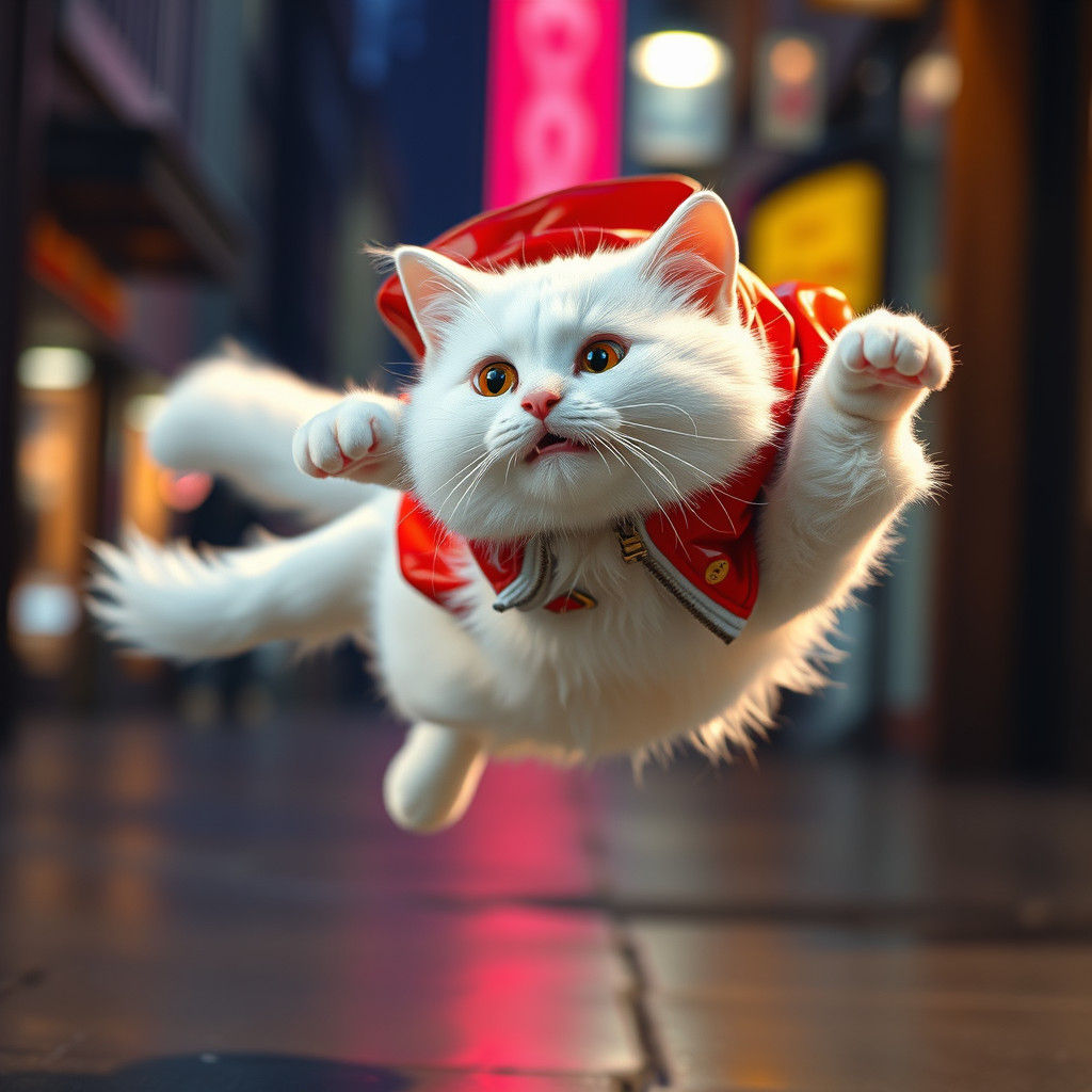 White Cat Mid-Leap Wearing a Red Jacket