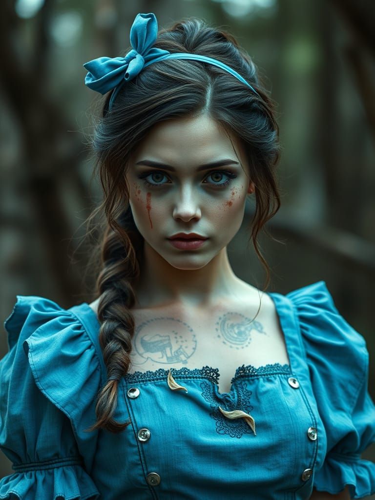 Woman in Blue Dress in War-Torn Landscape