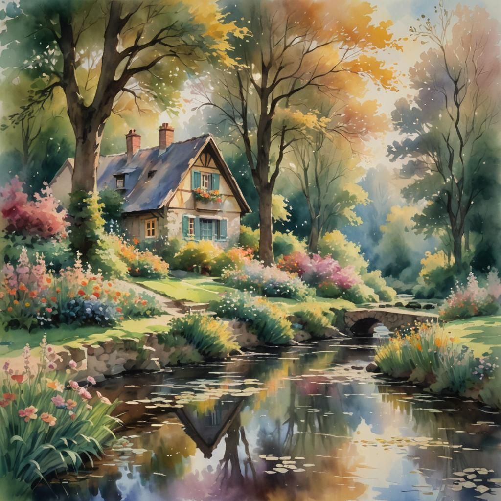 Idyllic Cottage by Brook in Impressionistic Style