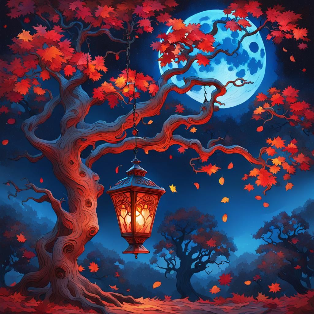 Fantasy Lamp Under Blue Moon in Art Nouveau Style