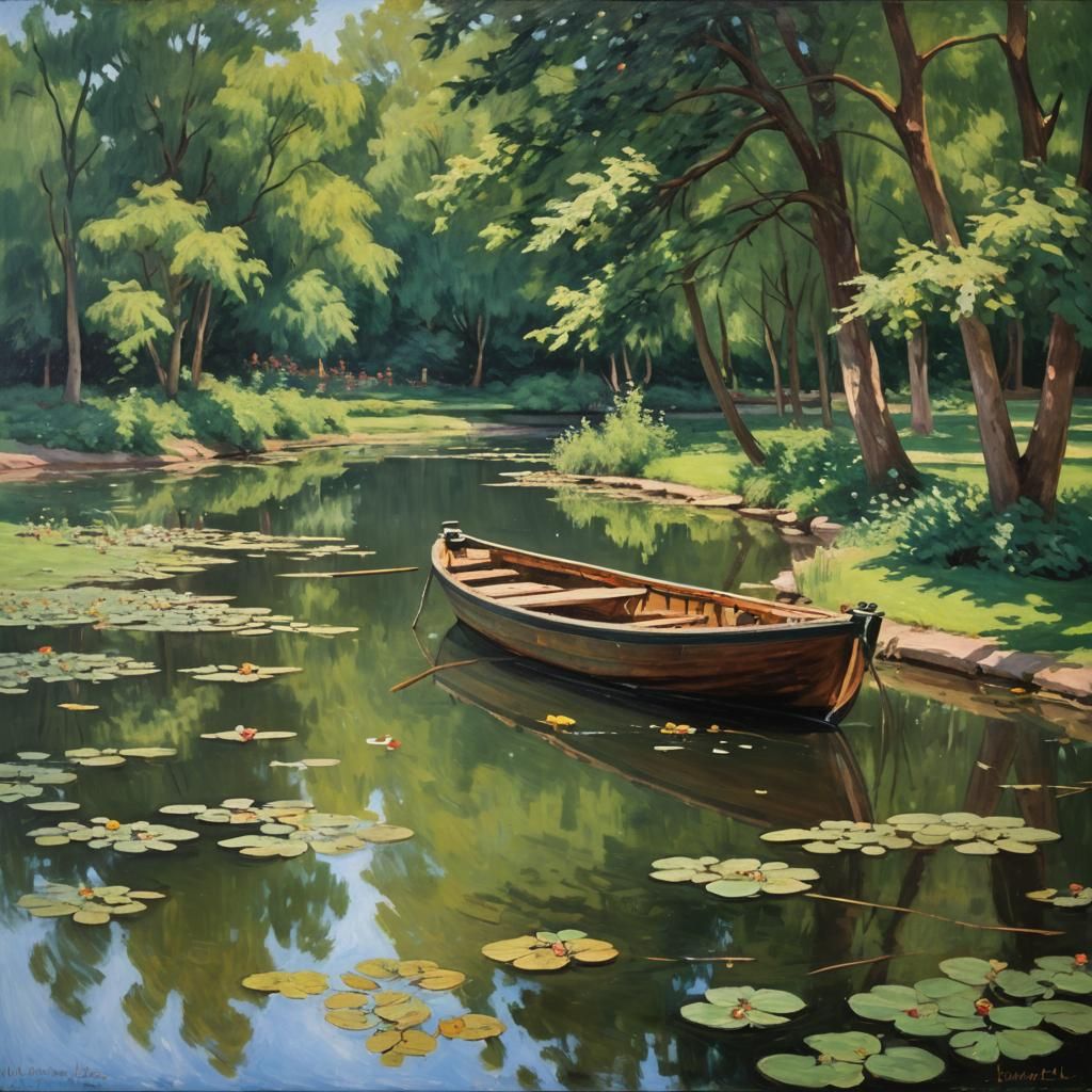 Impressionistic Boat on Pond Oil Painting