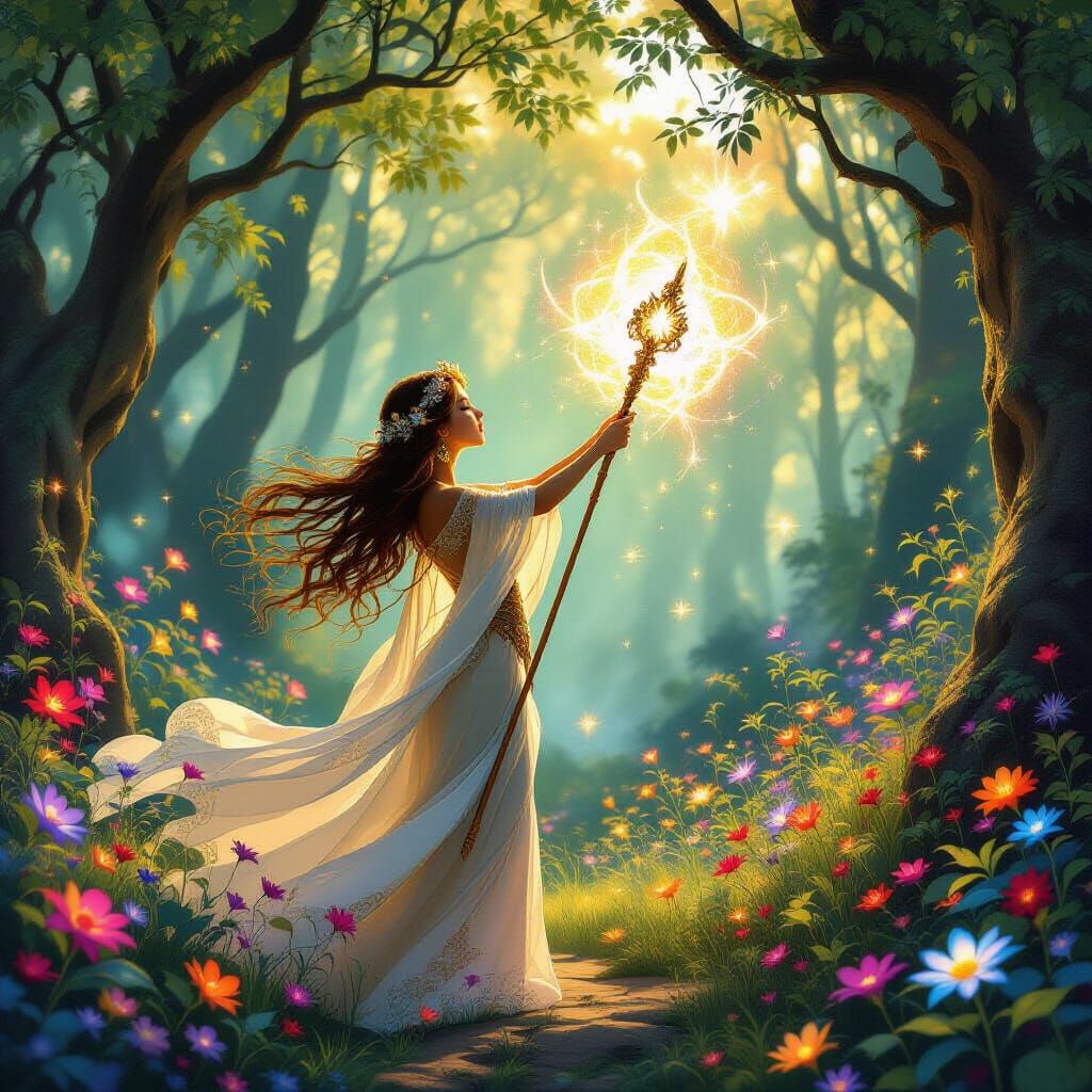 Ethereal Sorceress in Mystical Forest Ritual