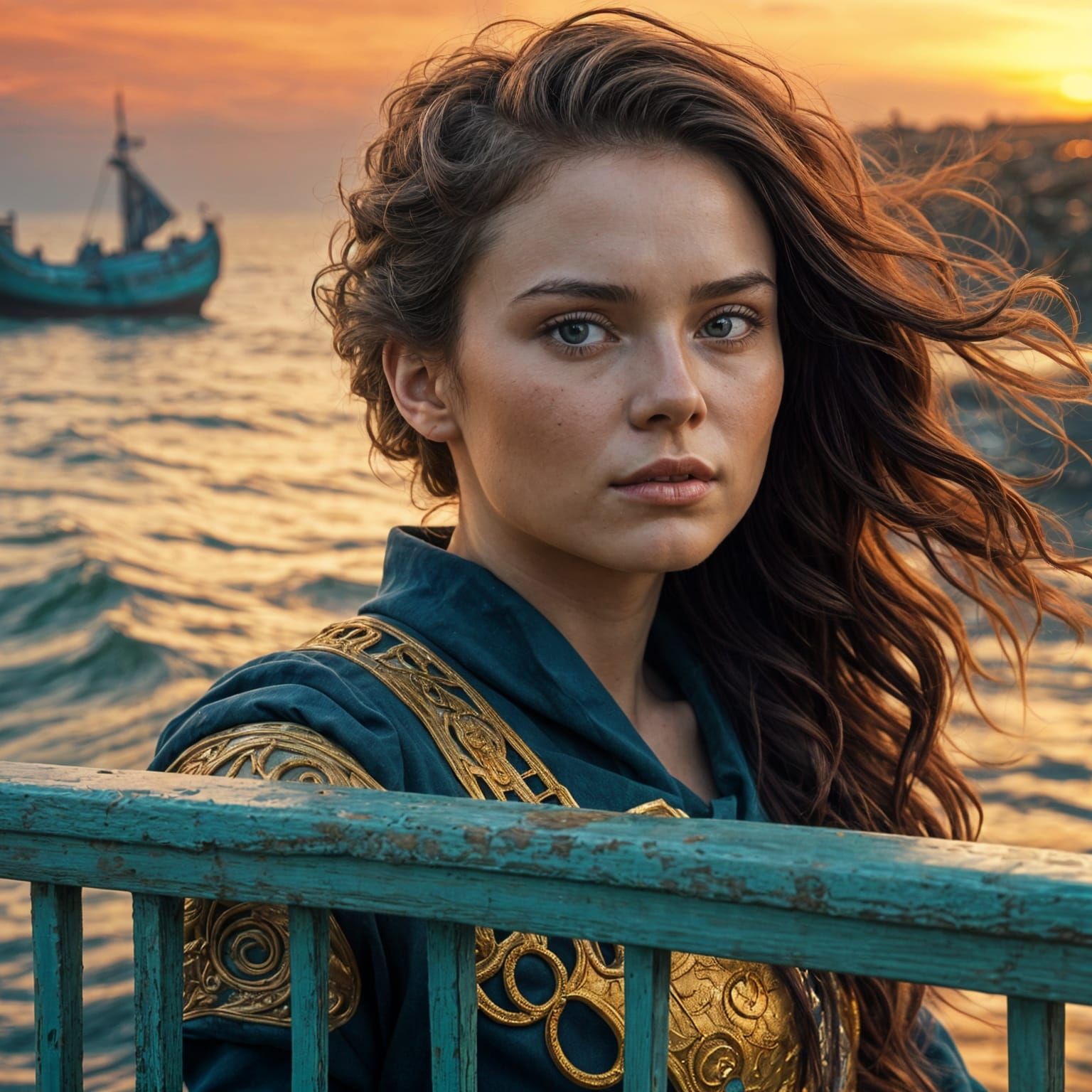 Woman in Cubist-Inspired Pirate Attire at Sunset