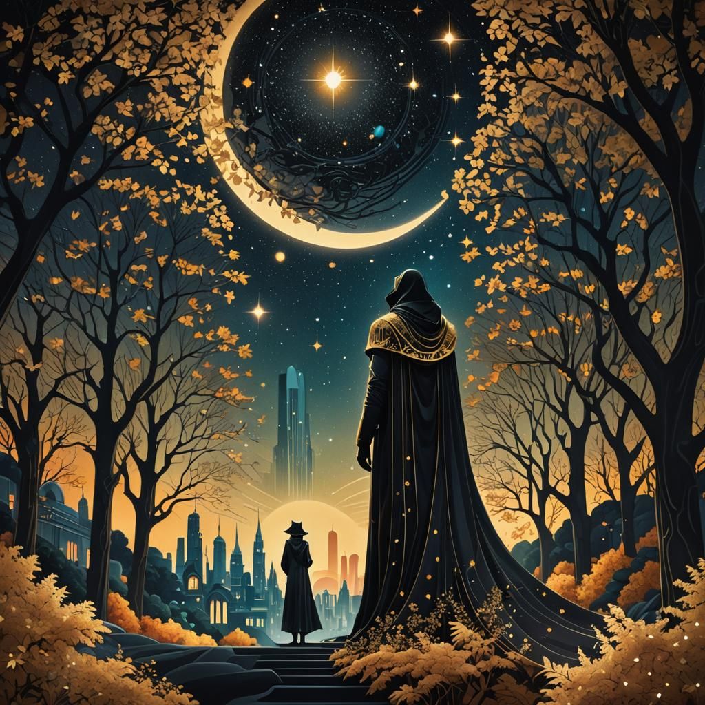 Art Deco Cloaked Figure Under Starry Sky