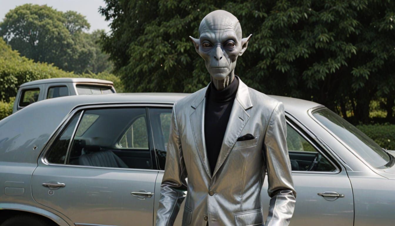Tall Grey Alien in Silver Nehru Jacket Beside Silver Sedan