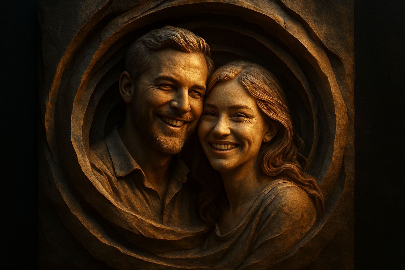 Joyful Couple: Hyperrealistic 3D Portrait Carving
