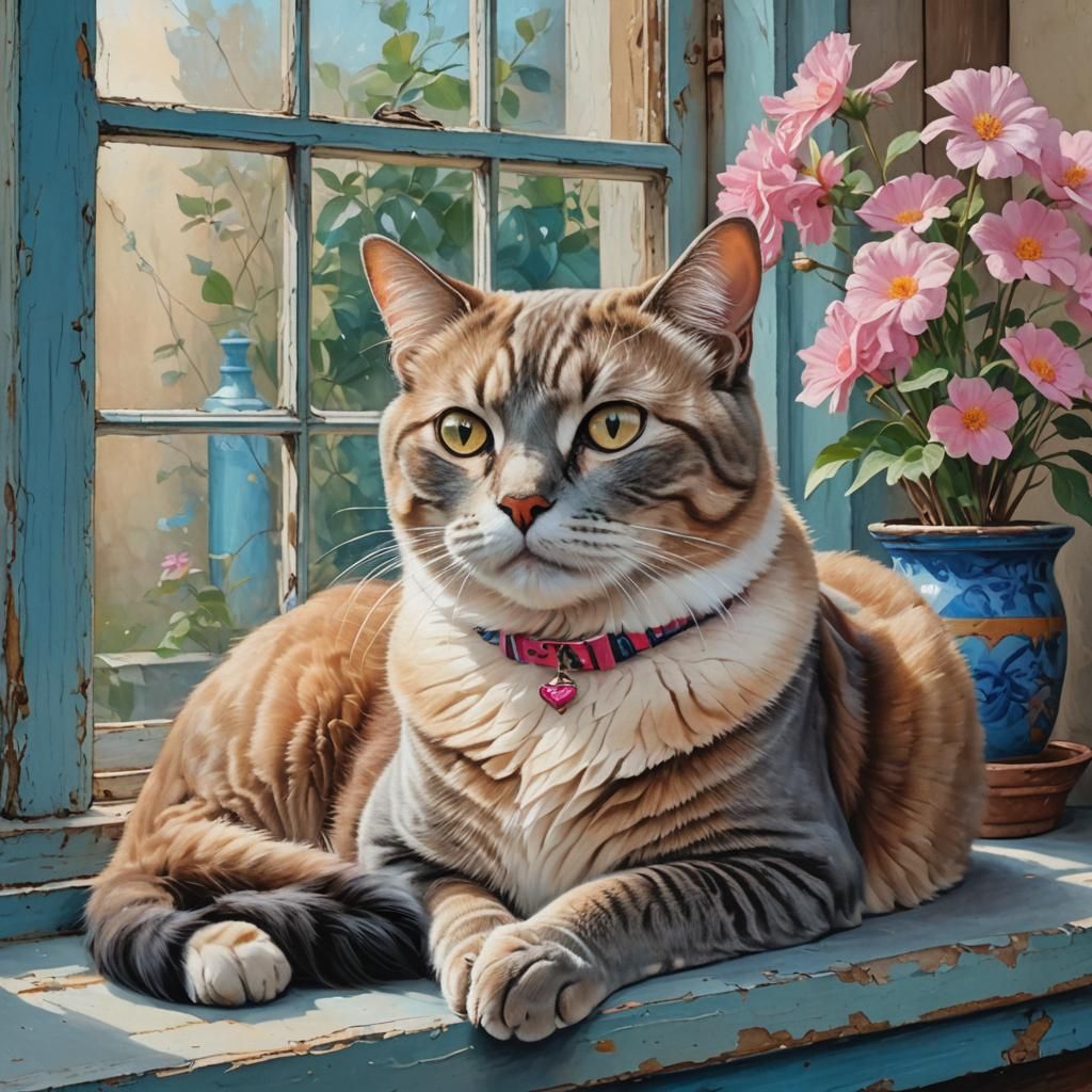 Burmese Cat Watches Bluebird: Oil and Chalk Aestheticism