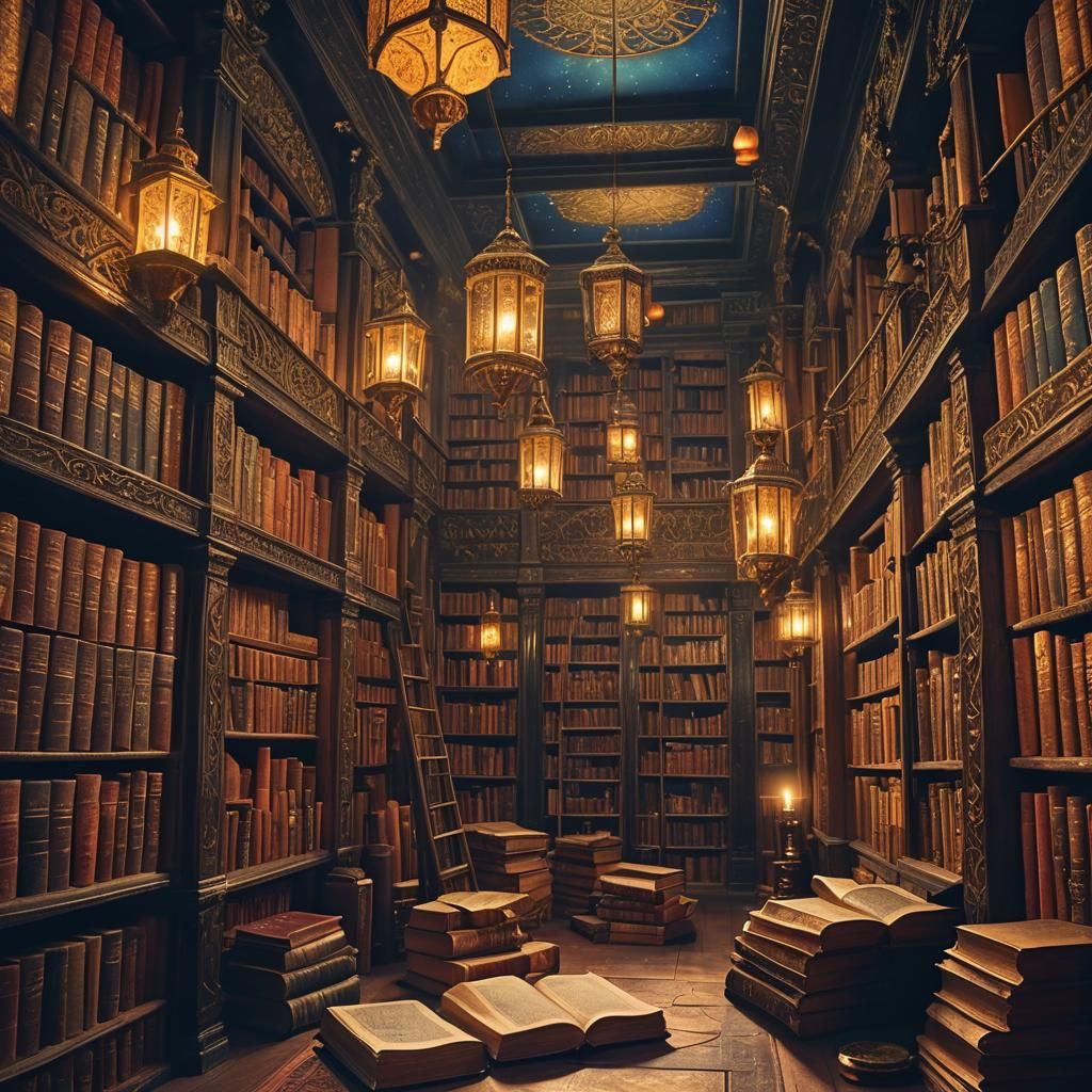 Mystical Library with Ancient Tomes in Golden Light