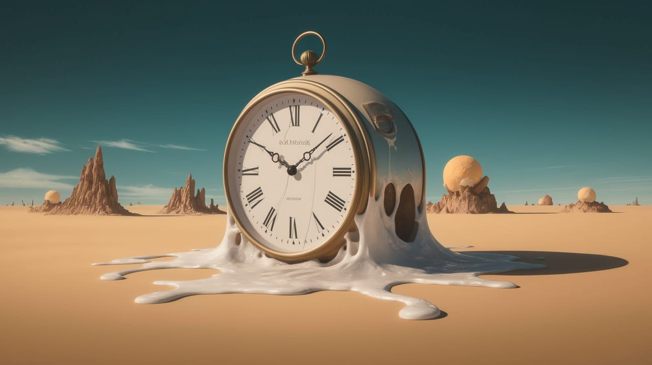 A clock melting over a desert landscape