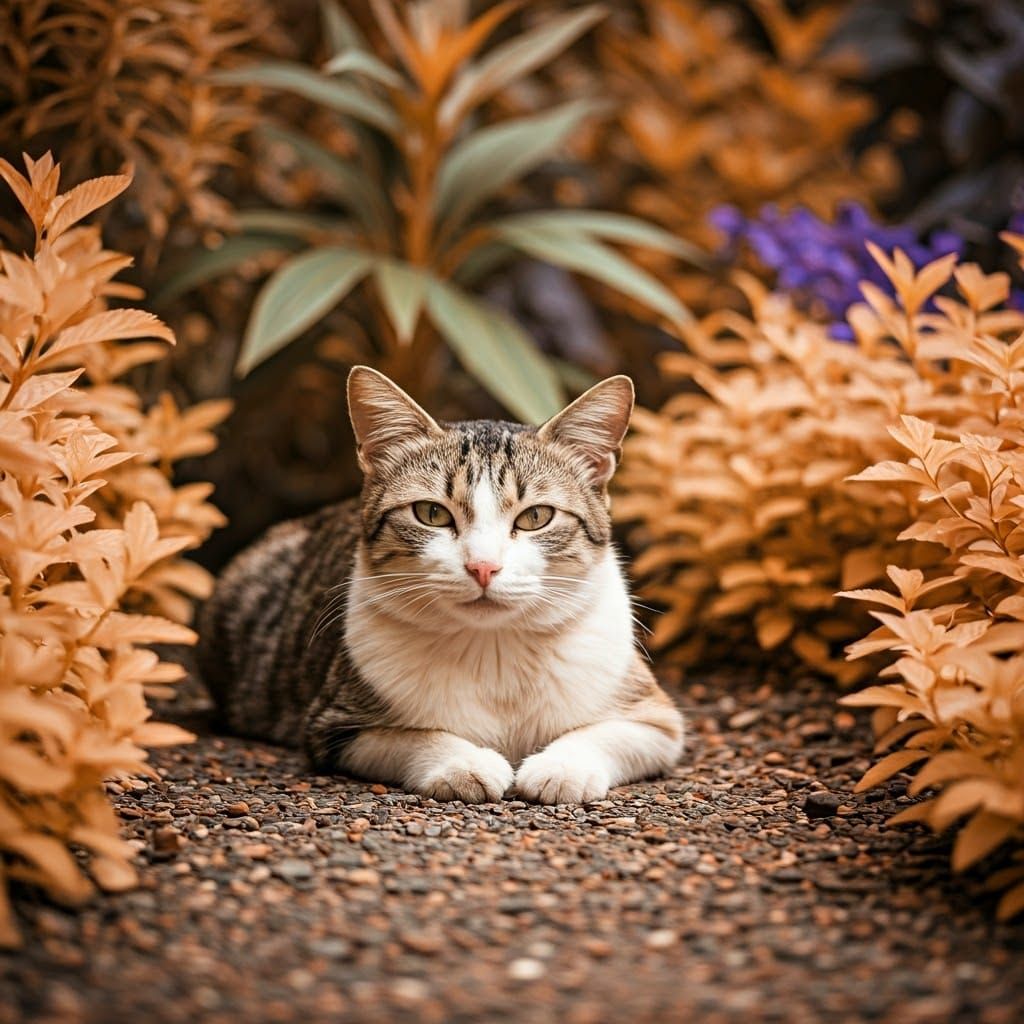 Serene Cat in a Vibrant Garden Scene, in a Colour Negative A...